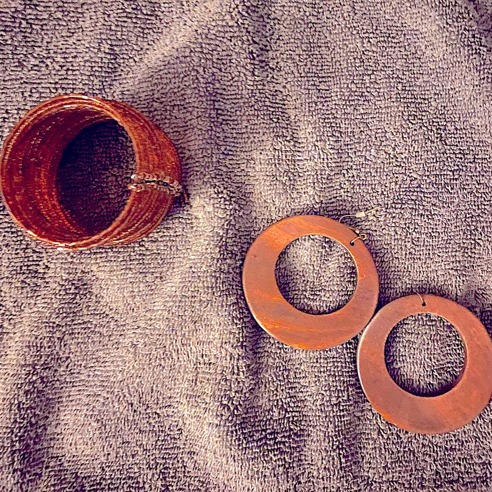 Wooden Hoop Earrings & Cuff Beaded Bracelet Set